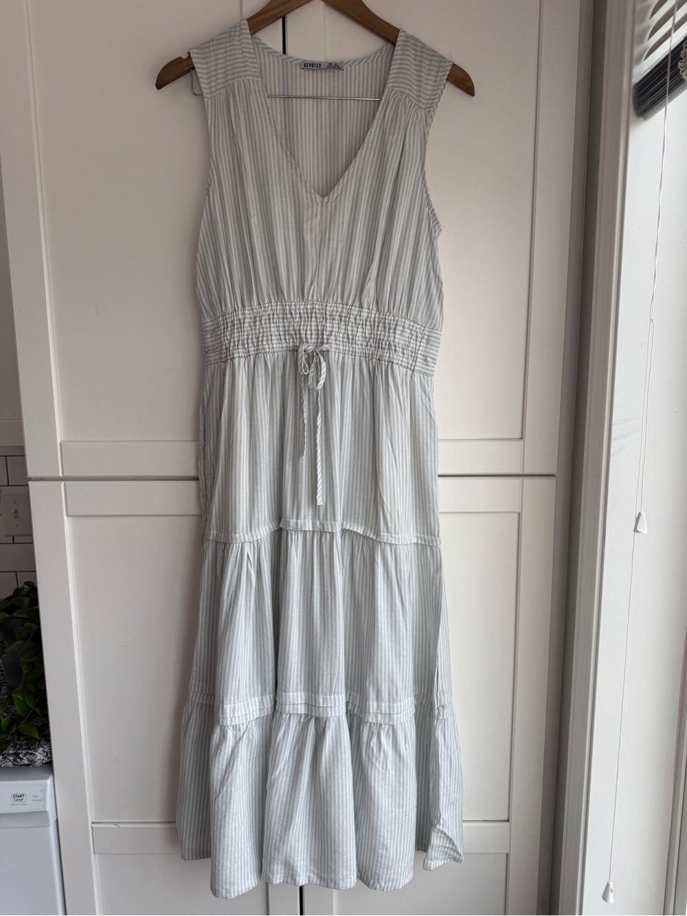 Devoted Cottagecore Blue White Striped Tiered Maxi Dress Size M
